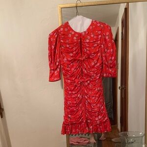 Red Ruched Floral Midi Dress with Ruffle Hem